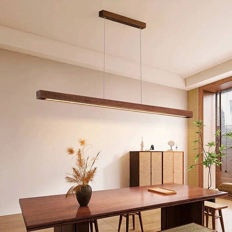lampe suspendue bois naturel moderne lustre led long salle manger cuisine salon minimaliste