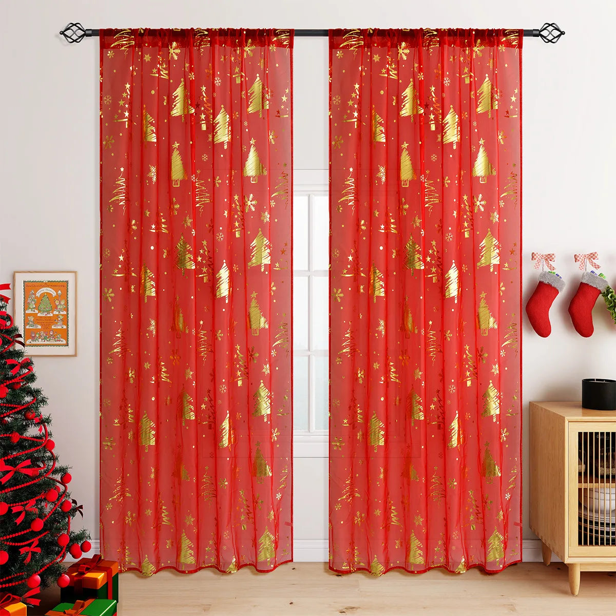 rideaux transparents festif motif flocons noel merry christmas rouge doré français moderne chambre salon