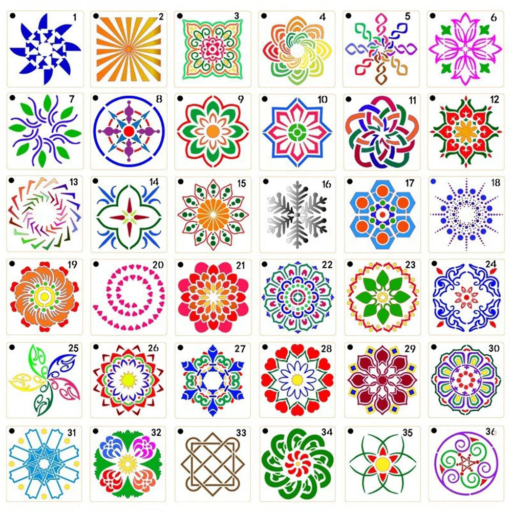 stencils mandala motifs floraux géométriques abstraits peinture mur carreaux bois tissu blanc bleu multicolore
