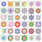 stencils mandala motifs floraux géométriques abstraits peinture mur carreaux bois tissu blanc bleu multicolore