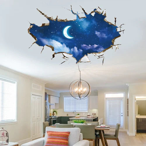 sticker mural 3d multicolore planètes étoiles ciel nocturne nuages effet trompe l’oeil chambre moderne