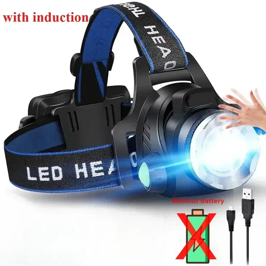 lampe frontale led rechargeable 15w modes nuit pêche course tissu bleu noir adjustable