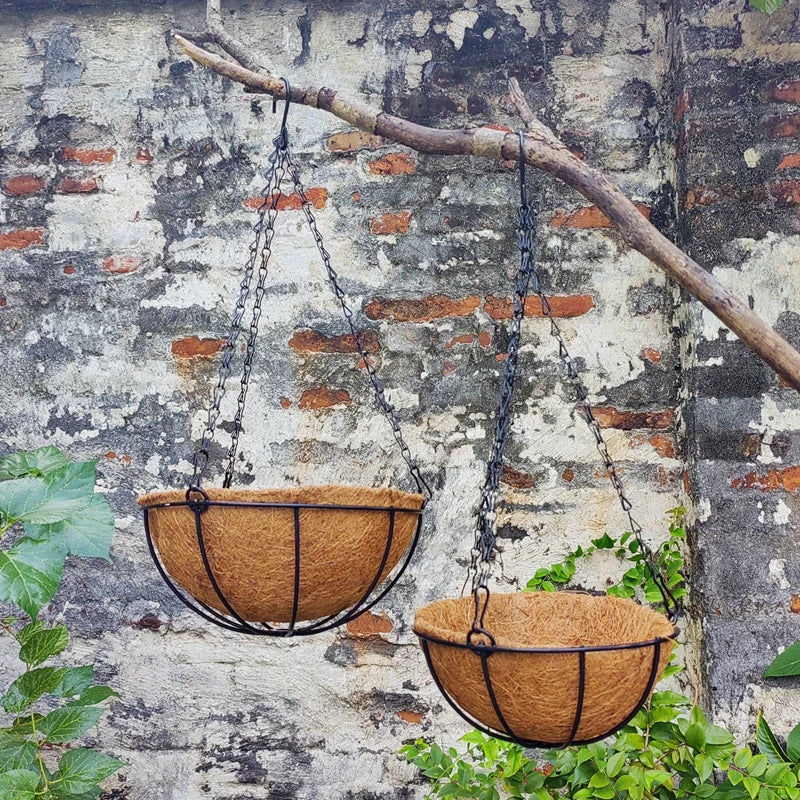 panier suspendu fibre coco chaînes métal marron clair plante verte jardin rustique naturelintérieurextérieur