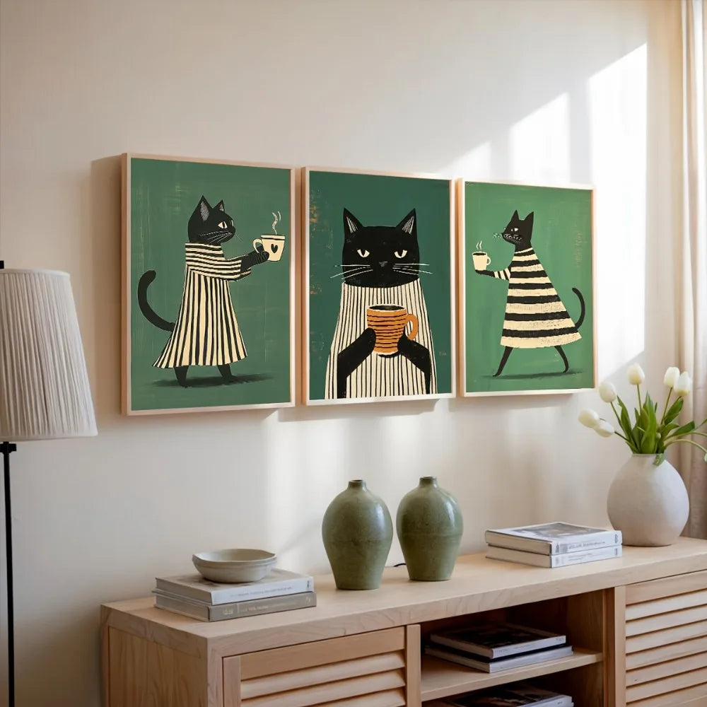 tableau impression toile chats robes rayées motifs géométriques moderne illustration verte noire