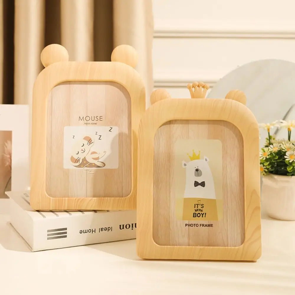 cadres photo décoration animaux tête souris girafe ours aspect bois clair rotatif beige marron