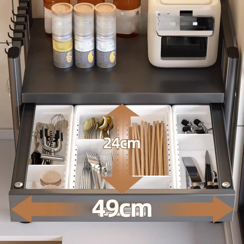 rangement cuisine tiroirs acier inoxydable gris noir moderne batteur cuillères couteaux toaster friteuse