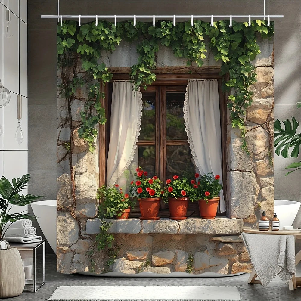rideau douche rustique fenêtre pierre plantes grimpantes rideaux blancs fleurs rouges potsOpaque beige marron