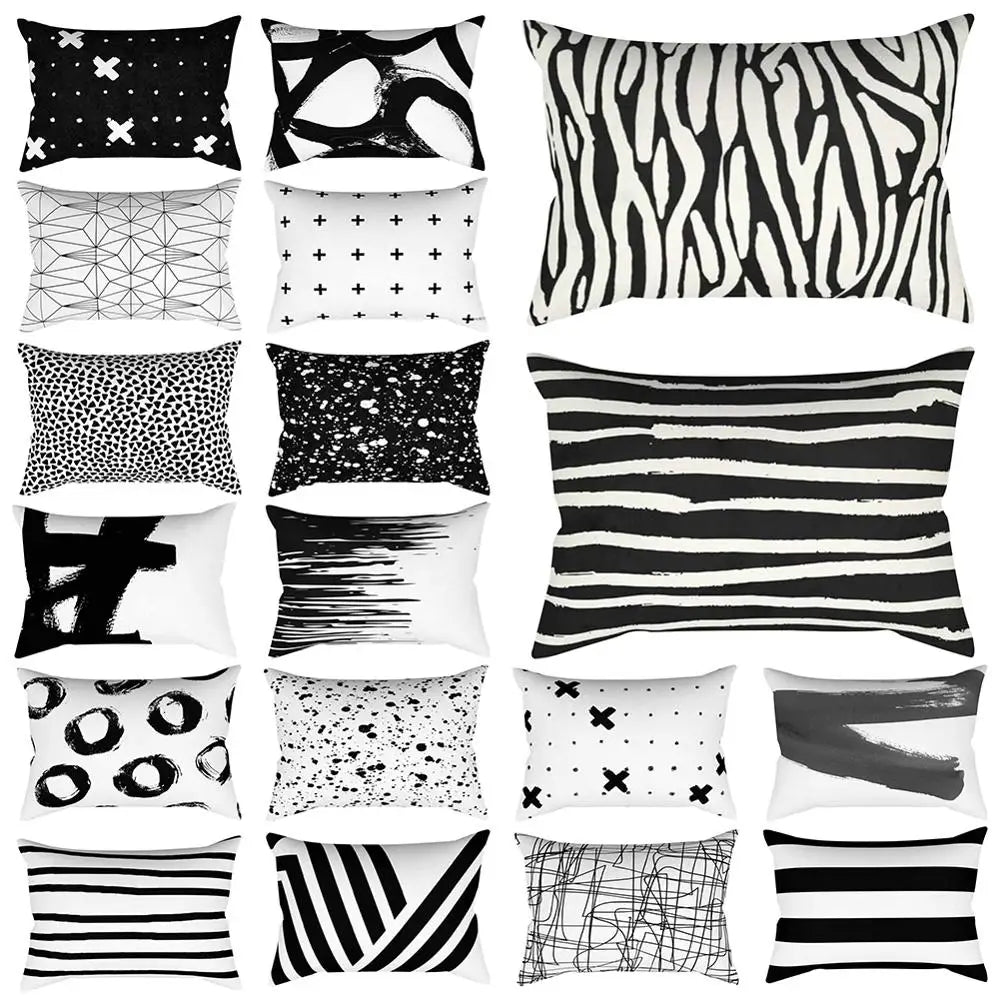 coussin rectangulaire noir blanc motif géométrique moderne décoration salon chambre lit 30x50 cm