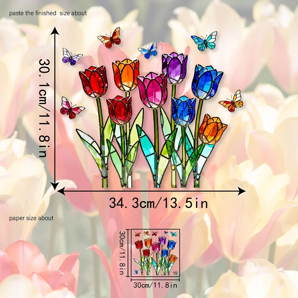 vitrail art nouveau tulipes papillons adhésif opaque multicolore décoration fenêtre