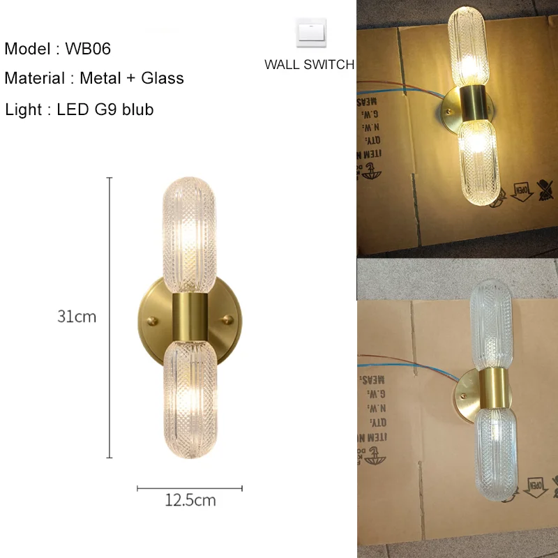 applique murale moderne or transparent verre rayures chambre coucher éclairage led nordique