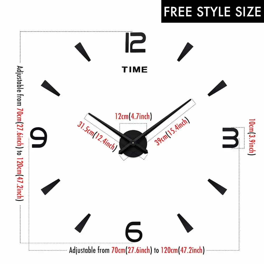 horloge murale moderne 3d effet miroir noir blanche numéros grandes dimensions minimalistes