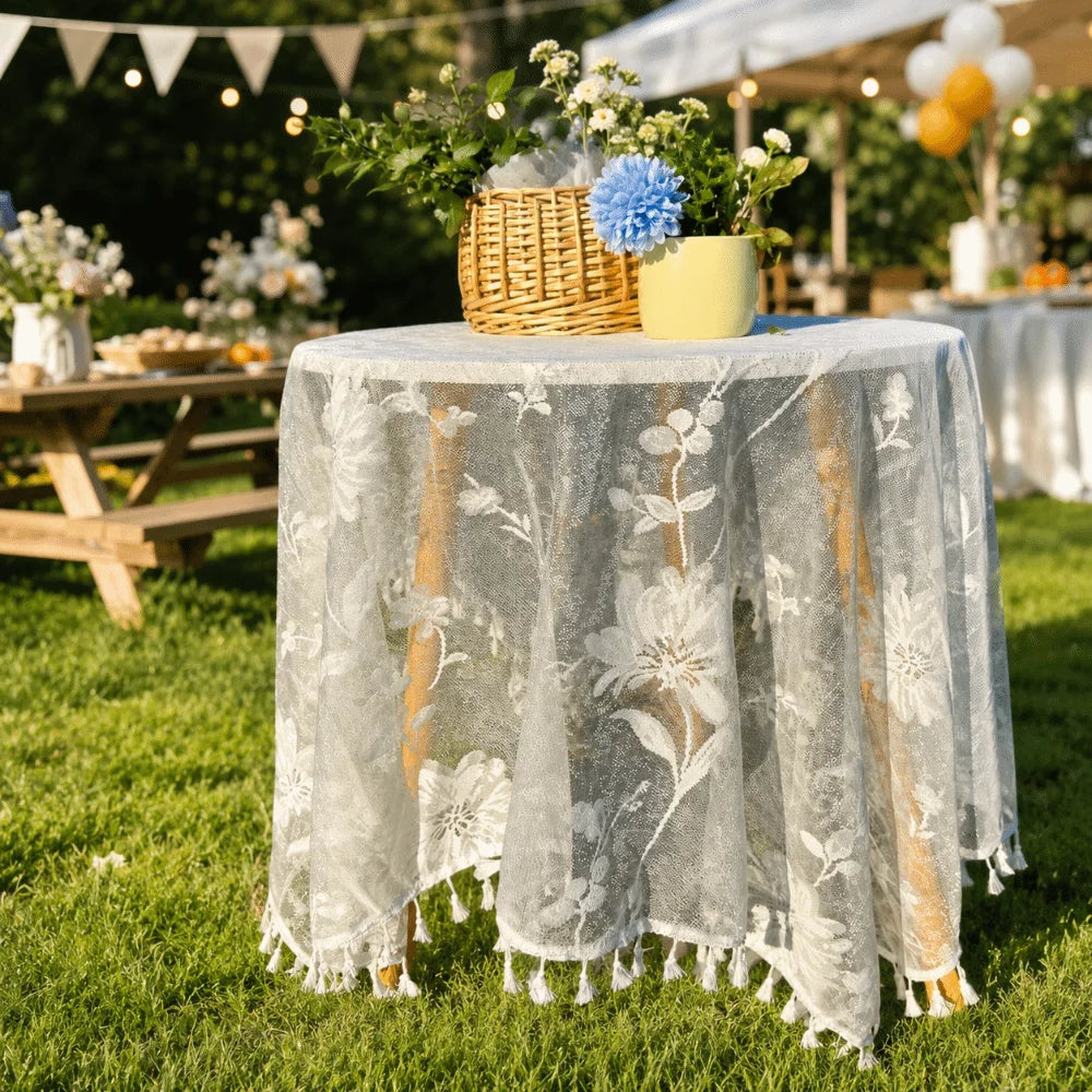 nappe table blanche boho chic broderie florale semi transparente réutilisable 140x150cm 150x200cm 150x90cm 180x150cm