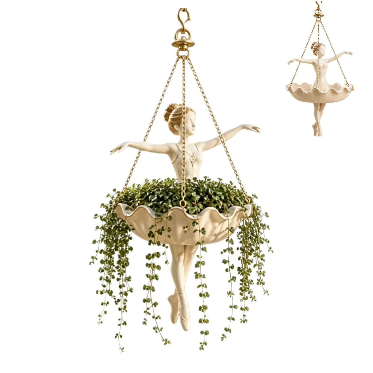 suspension plante ballerine danseuse sculpture blanche dorée jardin extérieur chic