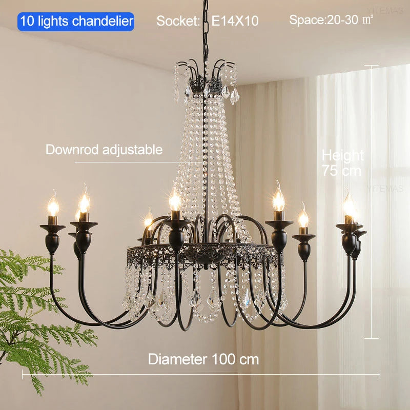 lustre classique noir blanc cristaux pendus vintage métal travaillé ampoules