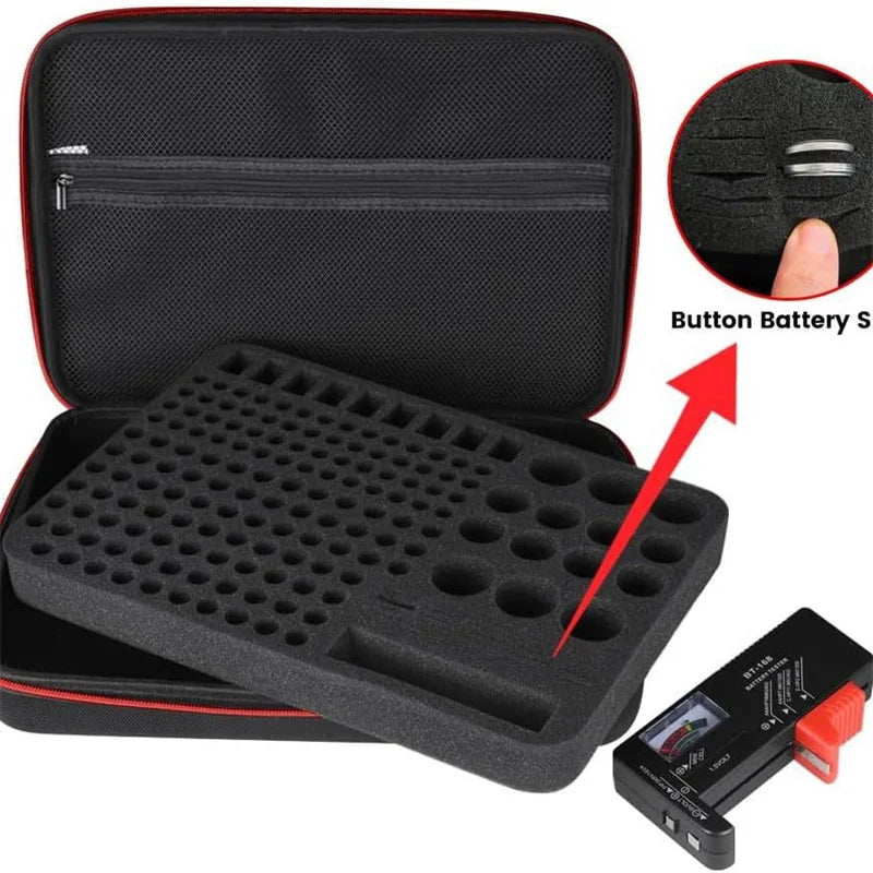 mallette rangement batteries texturée noir bordure rouge compartimentée piles button aaa aa 9v