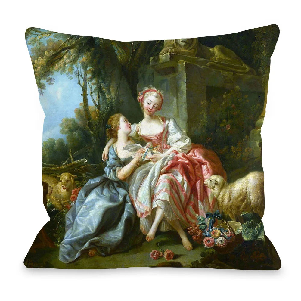coussin décoratif carré portrait femme noble baroque classique peinture rouge bleu doré maison