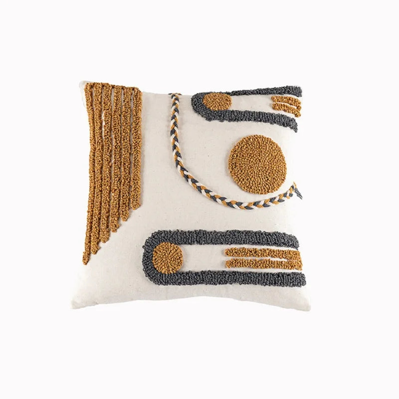 housse coussin brodée motif géométrique moderne blanc marron gris respectueux environnement décoration maison polyester