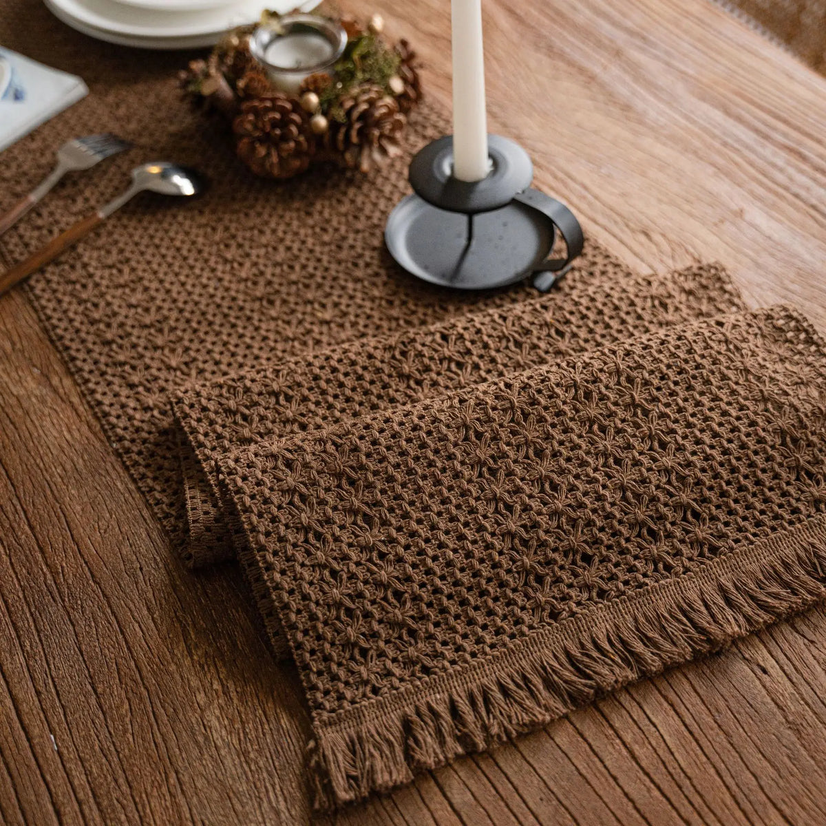 chemin table marron clair maille fine franges rustique 100% lin solide opacité maison decoration