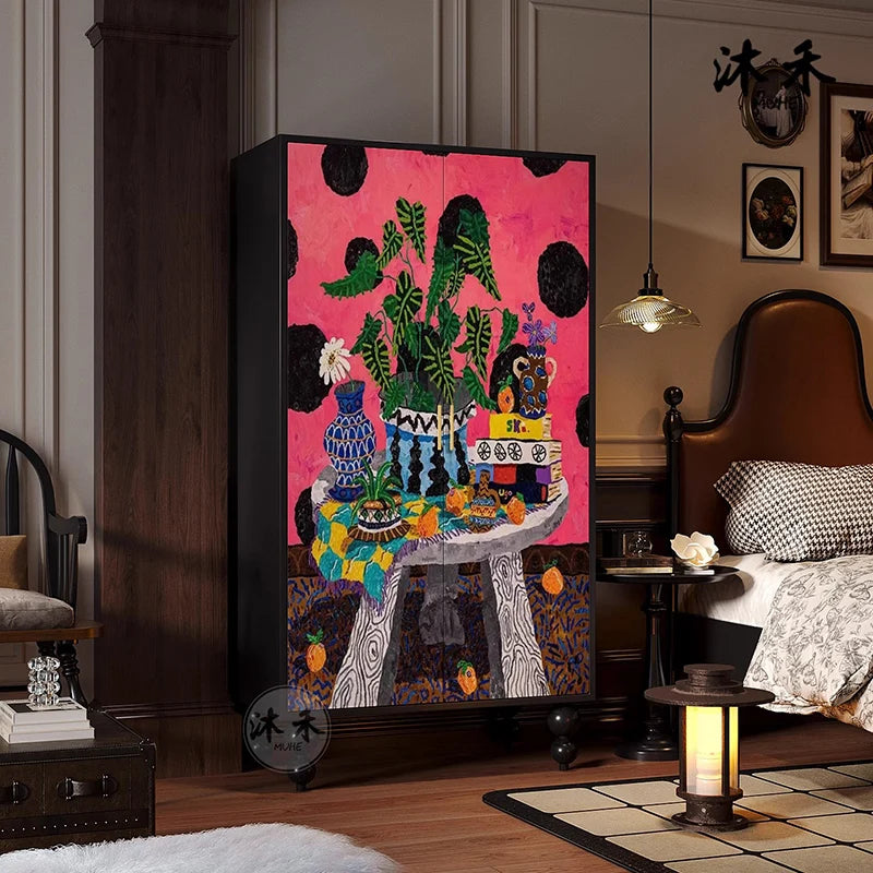 meuble rangement moderne noir rose motifs floraux multi fonction porte opposées pieds ronds abstraits