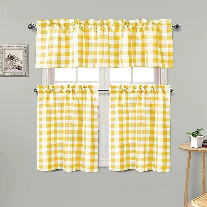 rideau jaune carreaux opacité classique anneaux métalliques fenêtre cuisine moderne polyester