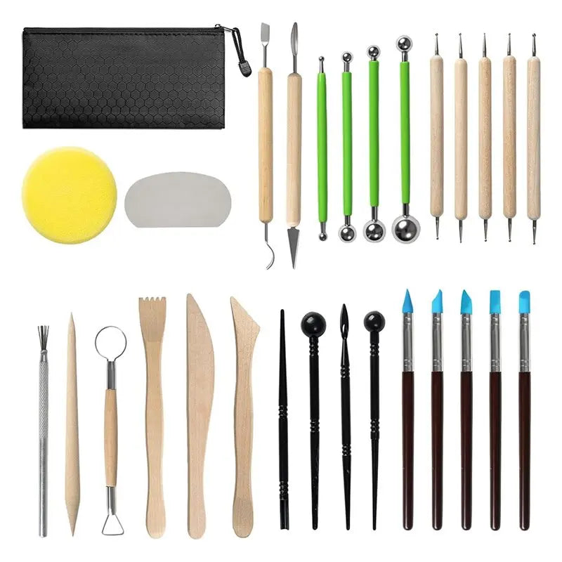 outils modelage argile bois vert bleu noir sculpteur potier kit pointillage