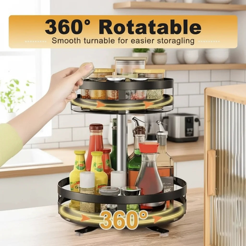 support rotatif deux niveaux noir acier inoxydable moderne vaisselle épices cosmétiques comptoir cuisine