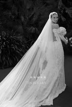 voile mariée longue dentelle chantilly tulle blanc ivoire cathédrale élégant bordure fleurs