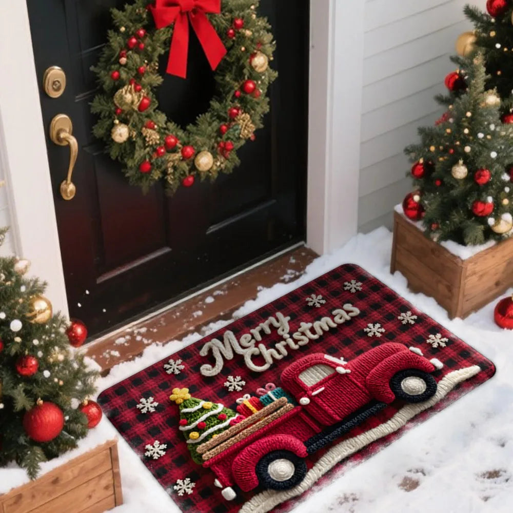 tapis sol noël motifs décoration rouge vert blanc antidérapant festive classique bienvenue merrychristmas