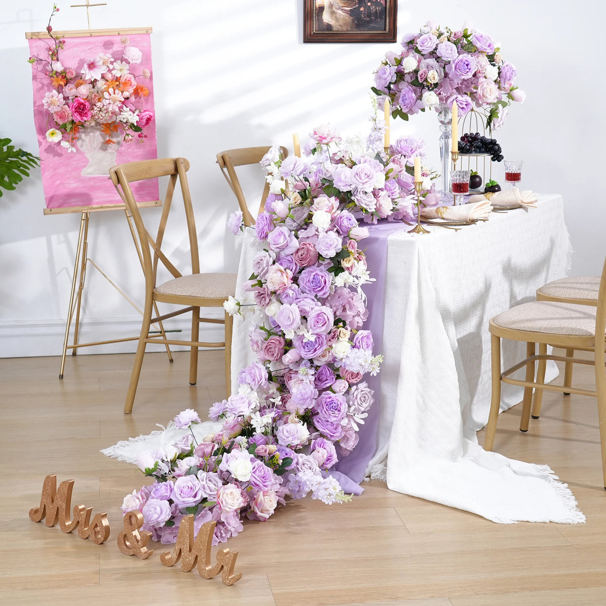 décoration mariage rose violet fleurs artificielles table arrangement floral événement romantique élégant