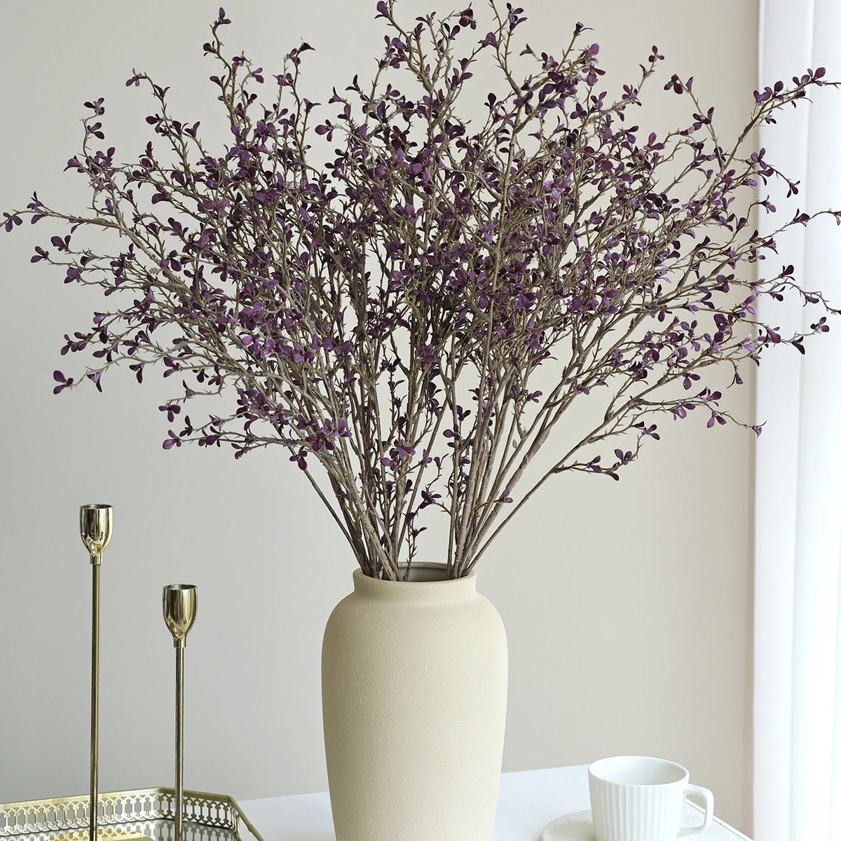 branche artificielle feuilles simples vase décoration intérieure naturelle minimaliste noir jaune rose violet bleu