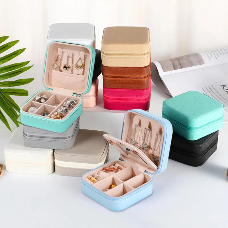 boîtes bijoux simili cuir compartiments moderne miroir cordon fermeture vert rose gris noir blanc