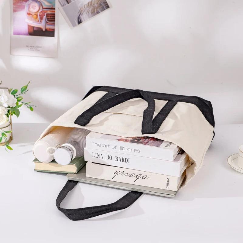 sac main toile beige uni casual bandoulière poches réutilisable grande capacité