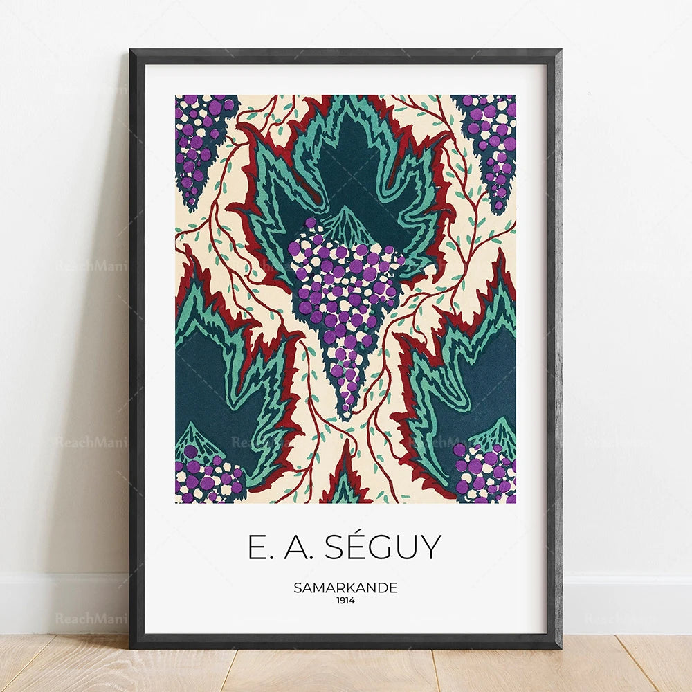 L'image présente un motif floral coloré et abstrait avec des raisins et des feuilles de vigne dans des tons chauds et froids.