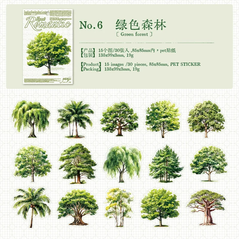 sticker illustration arbres divers couleurs feuillage adhésif album photo créatif vert rose blanc