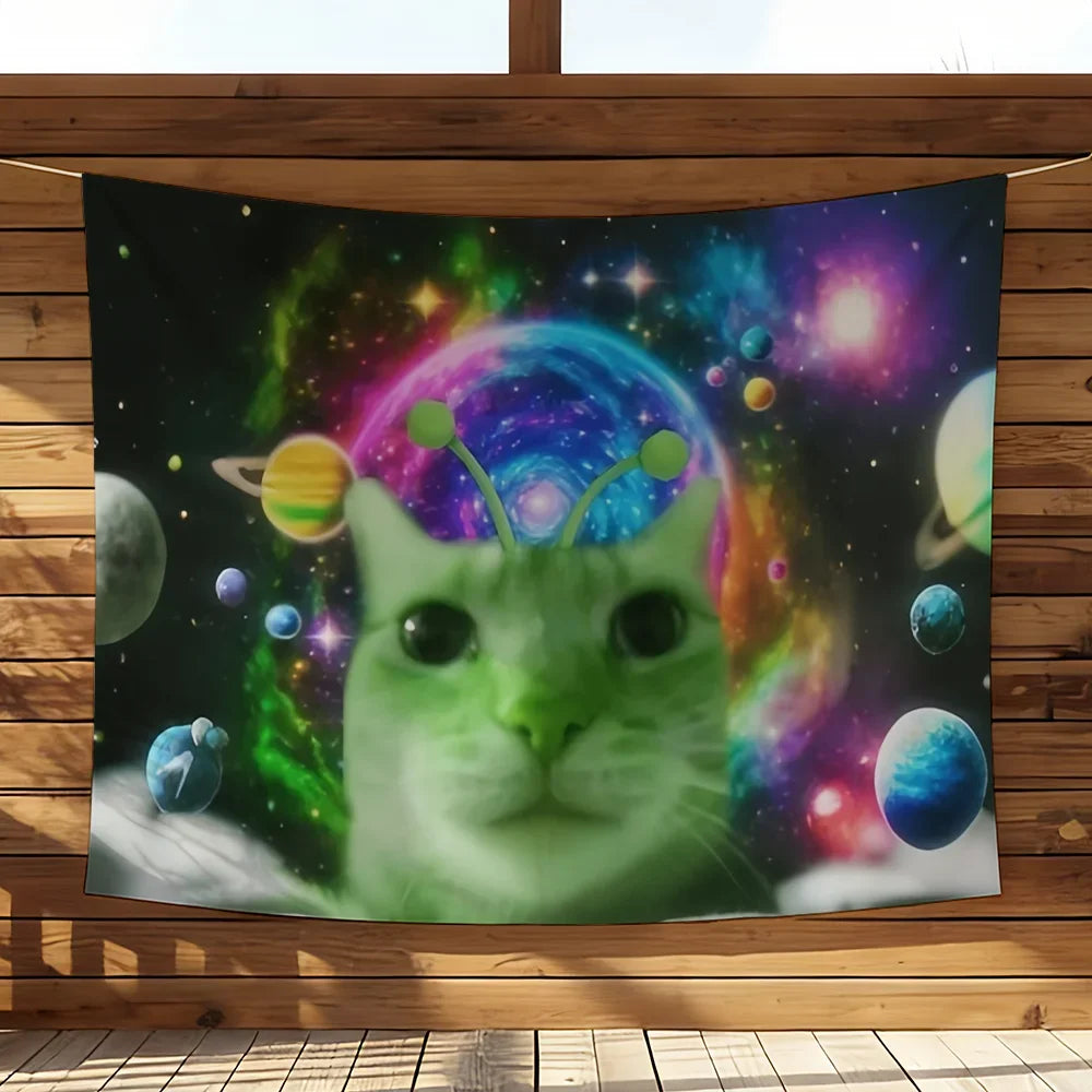 tapisserie murale chat espace vert motif galactique décoration chambre salon moderne humour tissu polyester