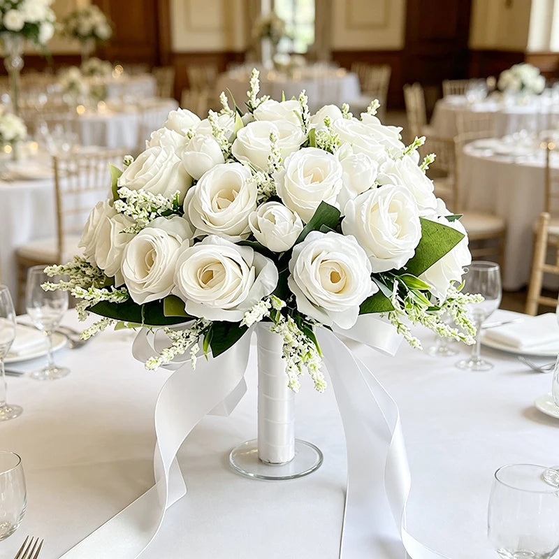bouquet fleurs artificielles roses blanches vertes mariage blanc voile romantique classique