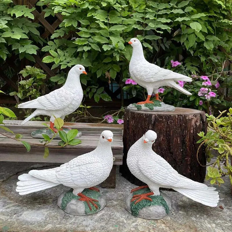 statues pigeons blancs relief plumes mousse artificielle base rocher extérieur intérieur ornement animal decoration