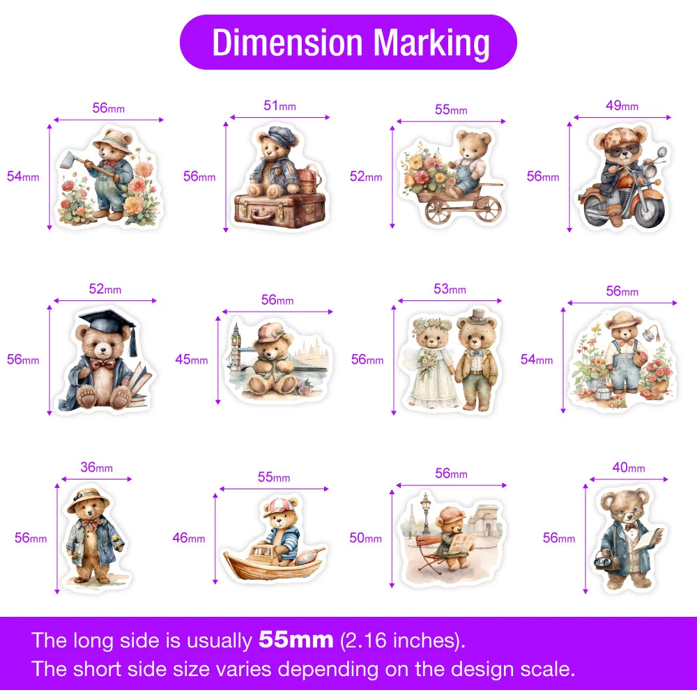 sticker illustratif teddy bear multicolore scène pêche jardinage voyage adhésif waterproof moderne scrapbooking journal