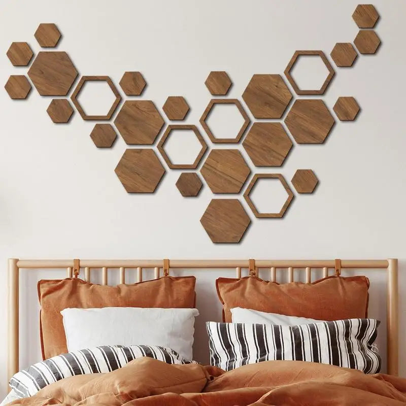 décoration murale moderne hexagonale bois aspect naturelle différentes tailles pièces puzzle collage mur
