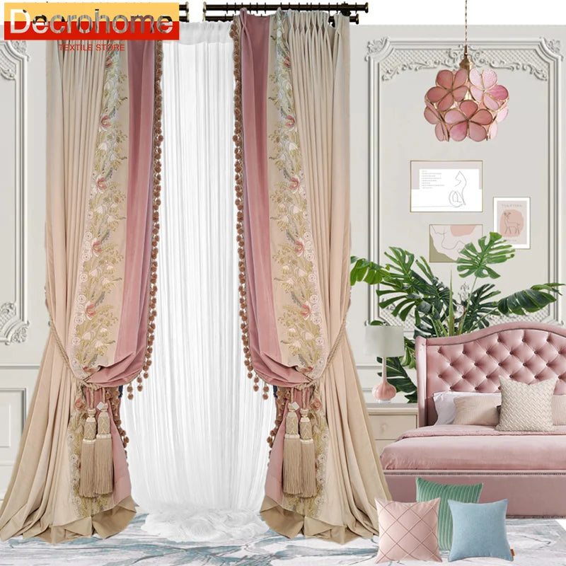 rideaux salon rose beige brodés fleurs classique élégant opacité totale pompons dorés