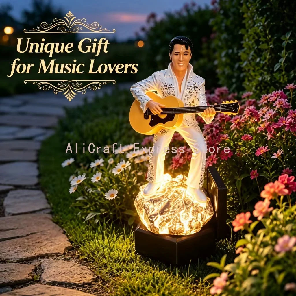 statue elvis presley guitare résine lumière solaire décoration extérieure égyptienne paillettes base rocheuse éléments