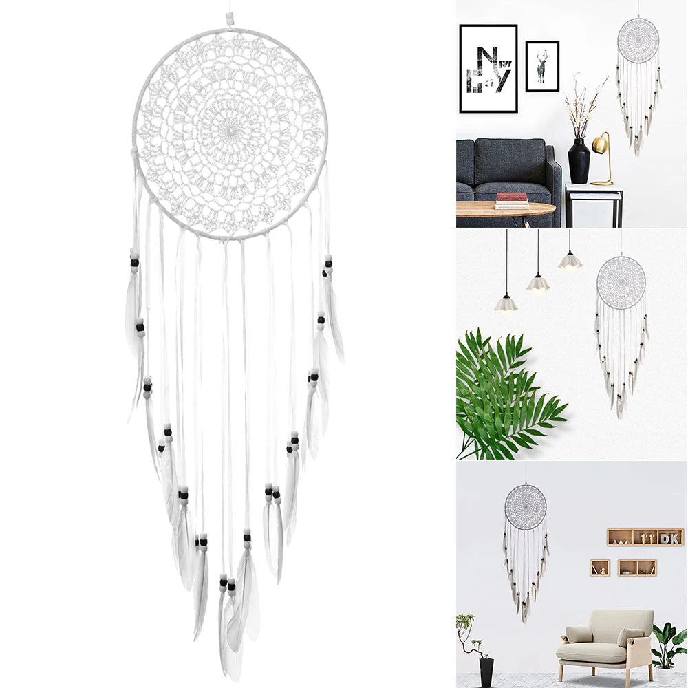 décoration bohème attrape rêves tissage ajouré plumes blanches guirlande suspendue chambre enfant ethnique
