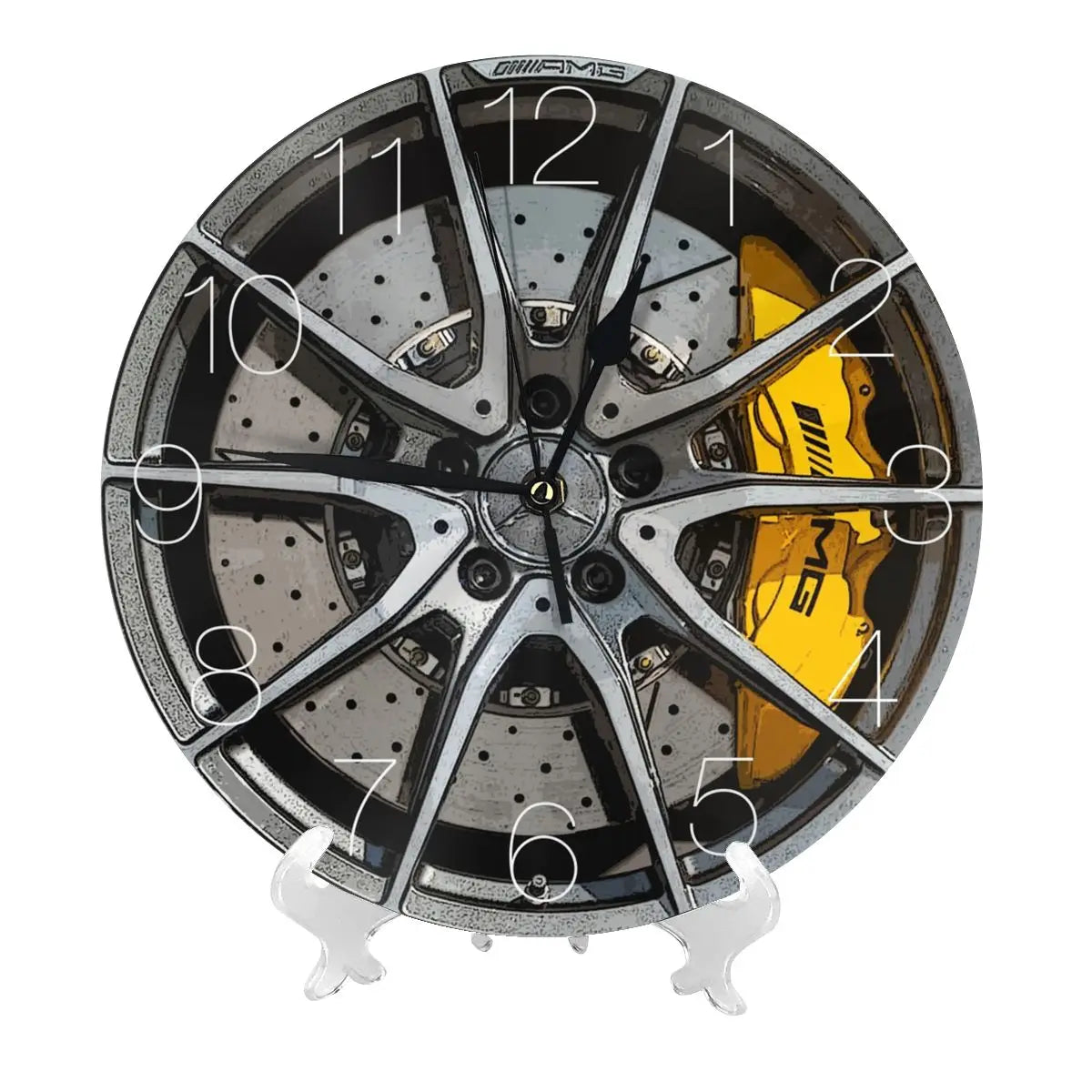 horloge murale moderne gris métallisé noir jaune roue voiture ventilation chiffres blancs support mural