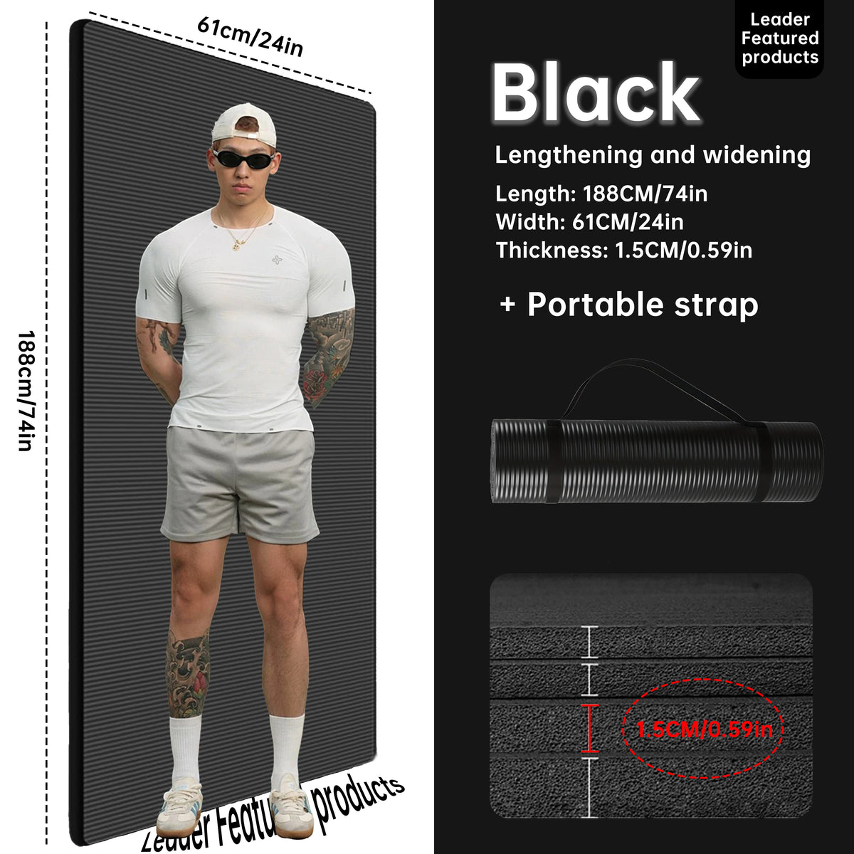 tapis gym noir rayures épais 15mm moderne absorption choc facile nettoyer sangle yoga