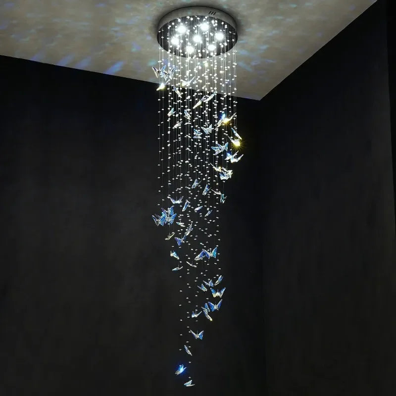suspension lumineuse moderne papillons cristal bleu transparent élégante lumière chaînes haute qualité