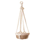 panier suspendu boho tissé motifs géométriques couleur beige vert anneaux métalliques rustic decoration jardin