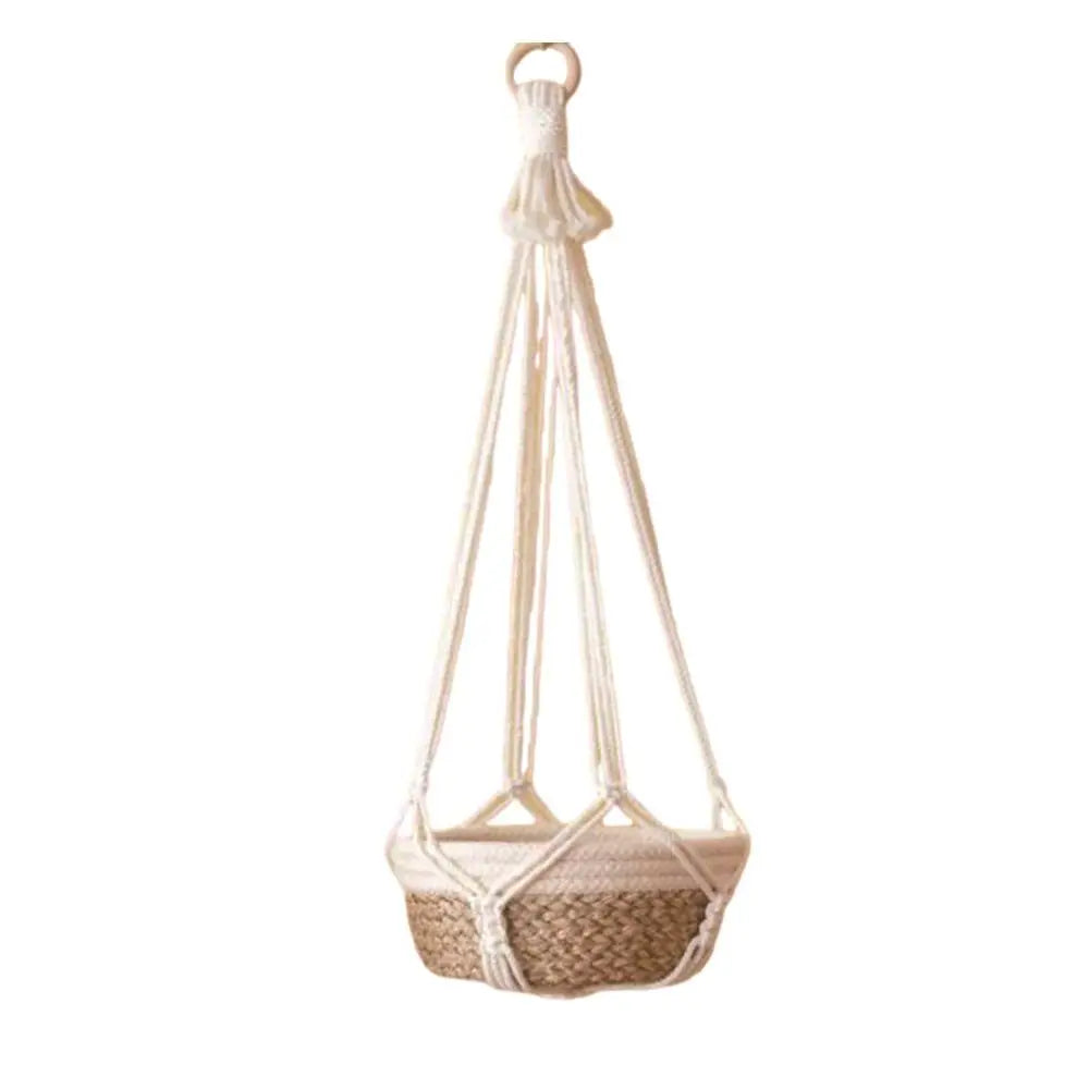 panier suspendu boho tissé motifs géométriques couleur beige vert anneaux métalliques rustic decoration jardin