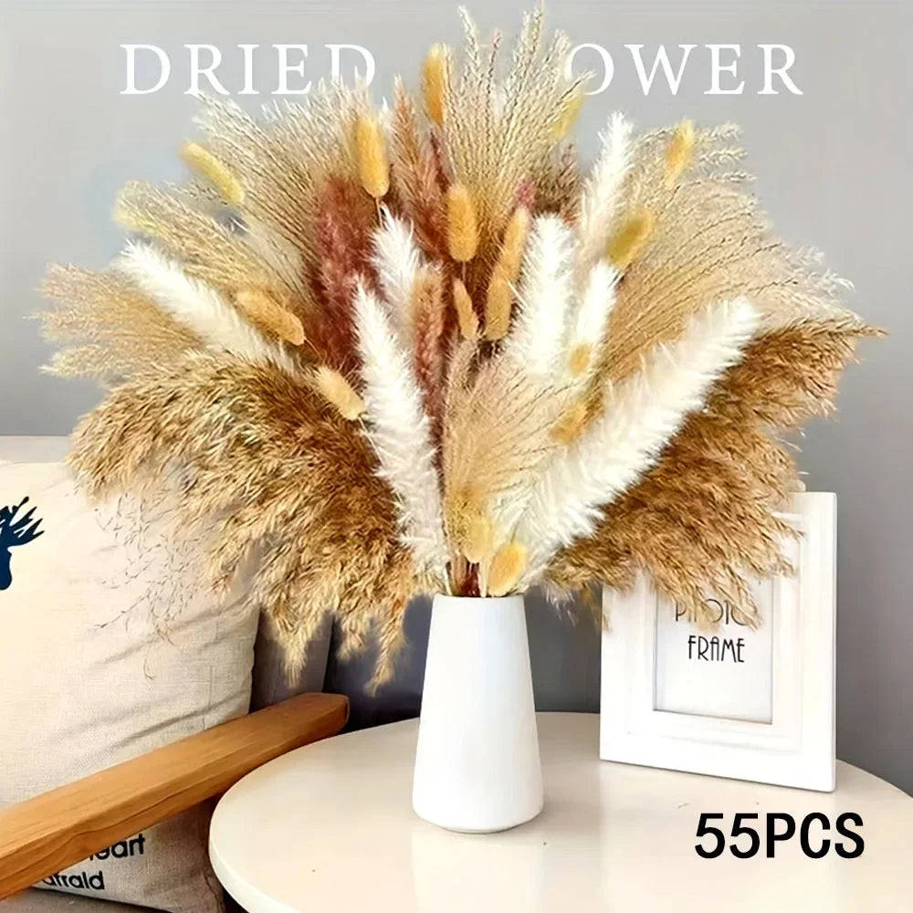 bouquet fleurs séchées naturel plumes pampa beige rustique décoration intérieure anniversaire baby shower mariage