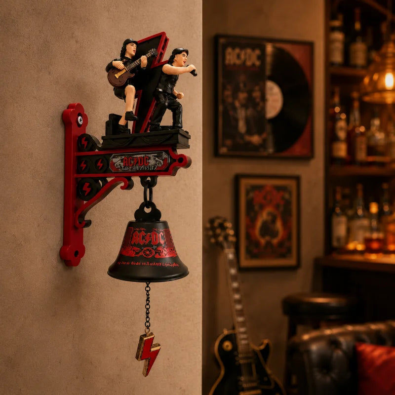 cloche décorative résine figurines ac/dc rock mural artisanal rouge noir foudre guitarist