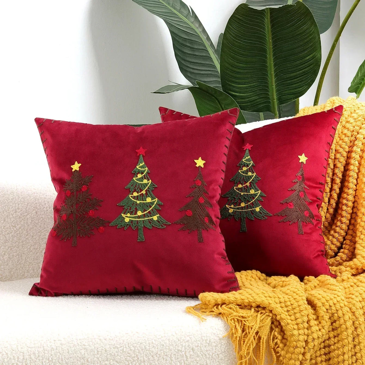 housse coussin velours noël arbre flocons good night rouge vert decoration carré tufted polyester